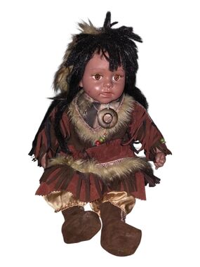 Plush Brown & Rust Tribal-Inspired Kids Doll with Fur Trim